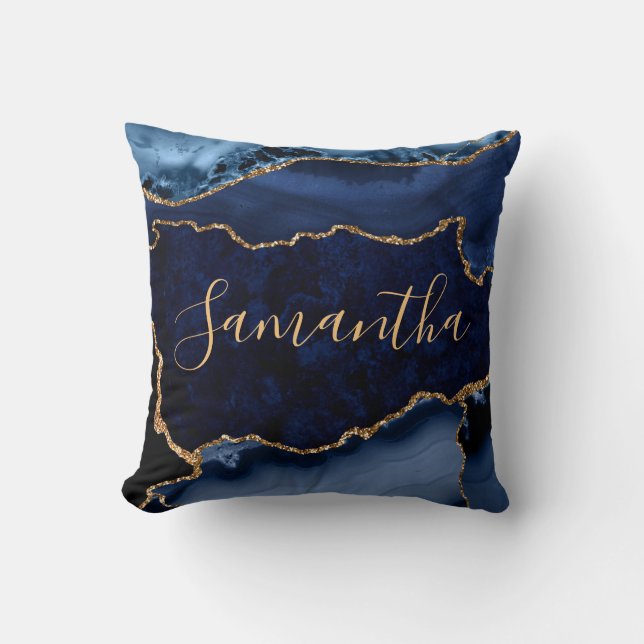 Navy Blue and Faux Gold Glitter Marble Agate Throw Pillow (Front)
