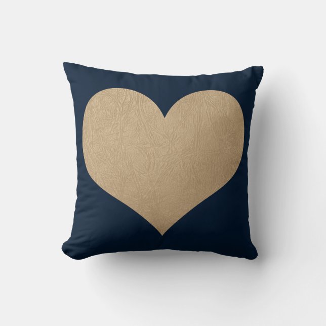 navy blue and faux gold leather heart throw pillow (Front)