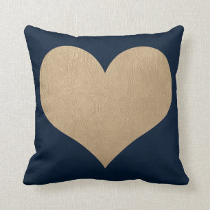 navy blue and faux gold leather heart throw pillow
