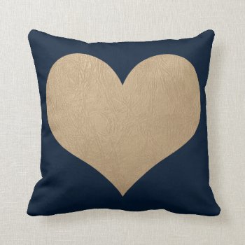 Navy Blue And Faux Gold Leather Heart Throw Pillow by OakStreetPress at Zazzle