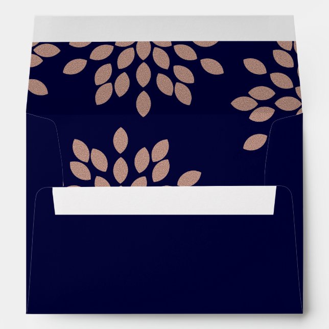 Navy Blue and Faux Rose Gold Floral Wedding Envelope (Back (Bottom))
