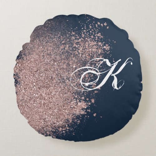 Navy Blue and Faux Rose Gold Glitter Monogram Round Pillow