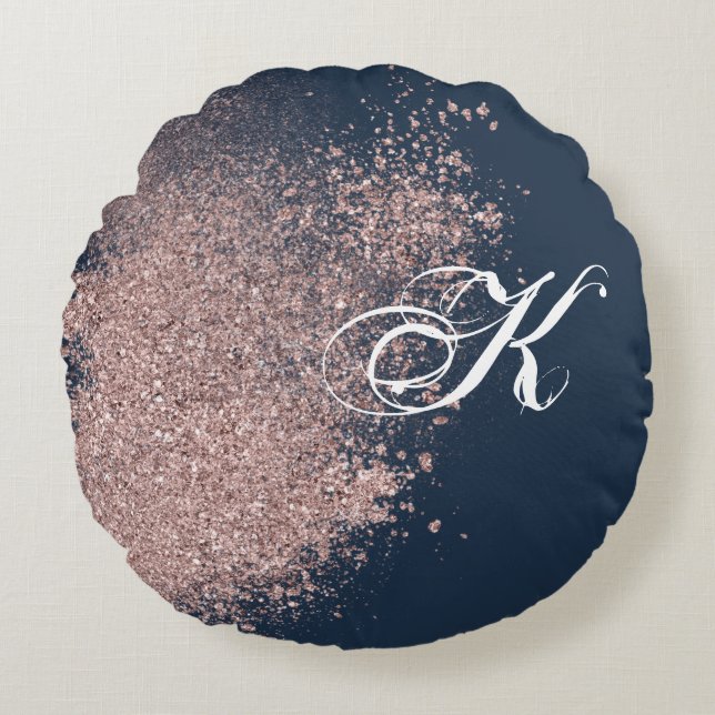 Navy Blue and Faux Rose Gold Glitter Monogram Round Pillow (Front)