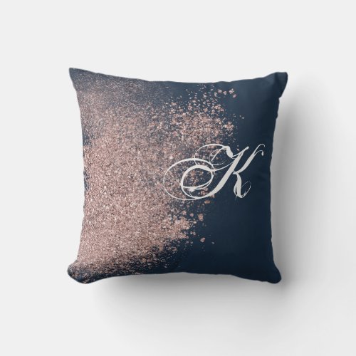 Navy Blue and Faux Rose Gold Glitter Monogram Throw Pillow