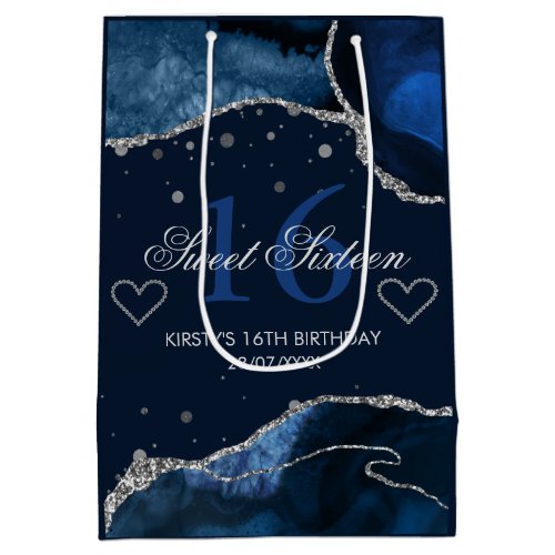 Navy Blue and Faux Silver Glitter Agate Sweet 16 Medium Gift Bag