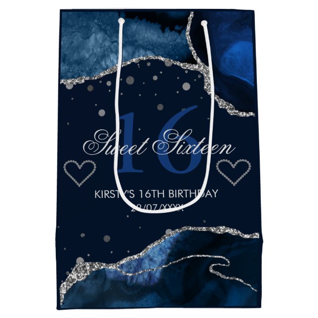 Navy Blue and Faux Silver Glitter Agate Sweet 16 Medium Gift Bag (Back)