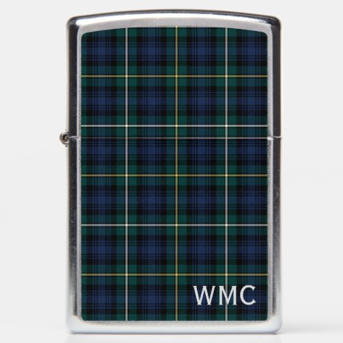 Navy Blue and Forest Green Scottish Plaid Monogram Zippo Lighter