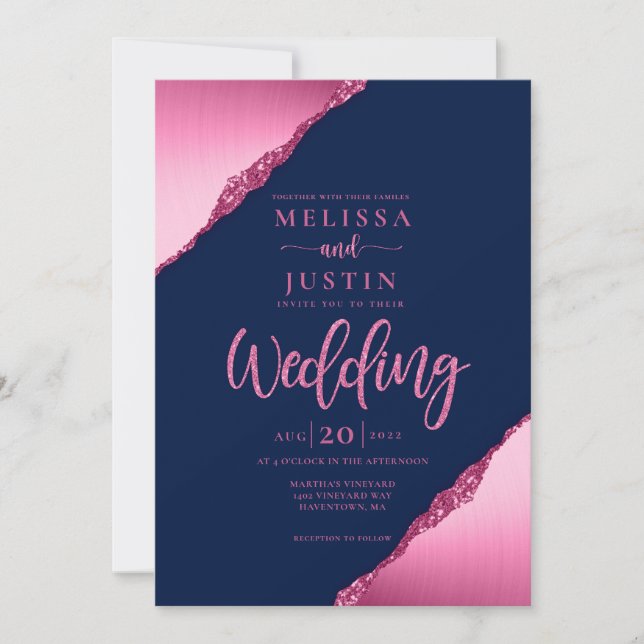 Navy Blue and Fuchsia Glitter Wedding Invitation (Front)