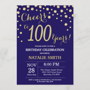 Navy Blue and Gold 100th Birthday Diamond Invitation