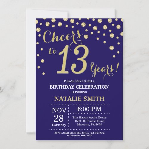 Navy Blue and Gold 13th Birthday Diamond Invitation