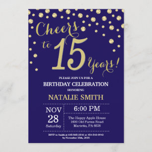 Navy Blue and Gold 15th Birthday Diamond Invitation
