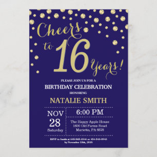 Navy Blue and Gold 16th Birthday Diamond Invitation