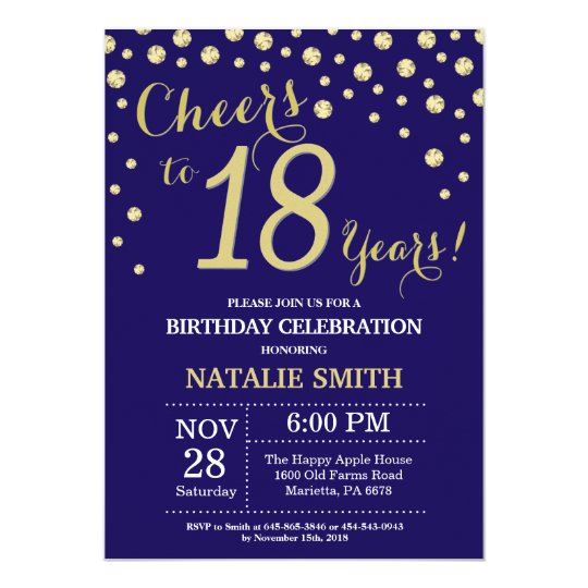 navy blue and gold 18th birthday diamond invitation