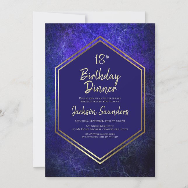 Navy Blue and Gold 18th Birthday Dinner Party Invitation (Front)