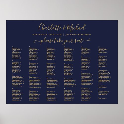 Navy Blue And Gold 200 Names Wedding Seating Chart