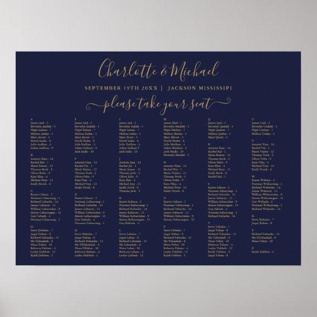 Navy Blue And Gold 200 Names Wedding Seating Chart (Front)