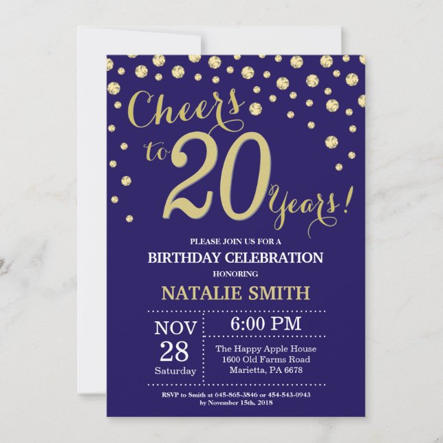 Navy Blue and Gold 20th Birthday Diamond Invitation (Front)