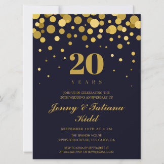 Navy Blue and Gold 20th Wedding Anniversary Invitation