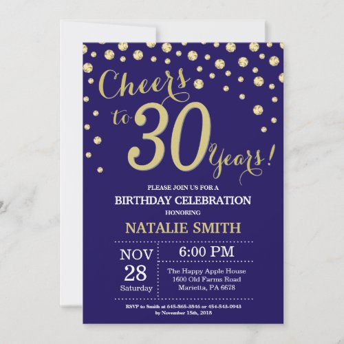 Navy Blue and Gold 30th Birthday Diamond Invitation