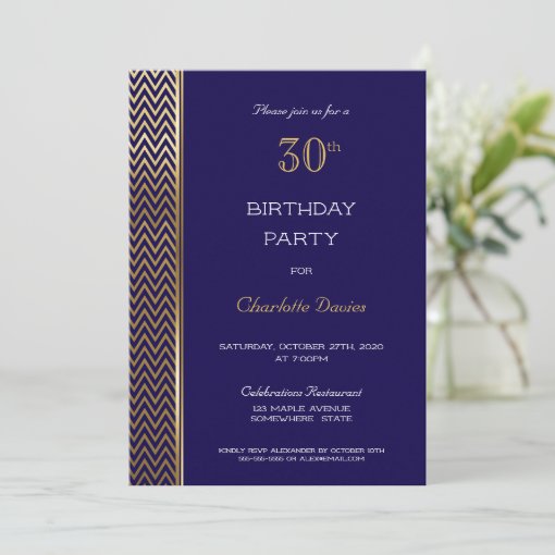 Navy Blue and Gold 30th Birthday Party Invitation | Zazzle