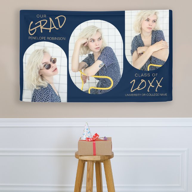 Navy Blue And Gold 3 Photo Graduation Banner (Creator Uploaded)