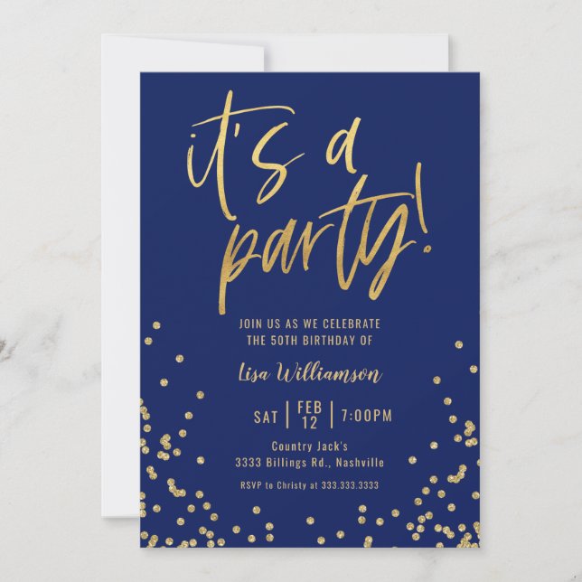 Navy Blue and Gold 50th Birthday Party Invitation (Front)