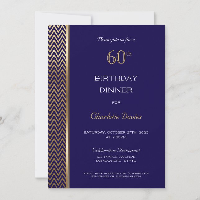 Navy Blue and Gold 60th Birthday Dinner Invitation (Front)