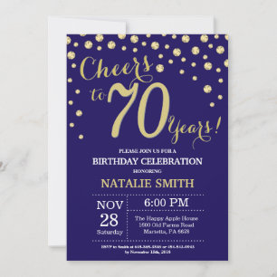Navy Blue and Gold 70th Birthday Diamond Invitation
