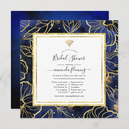 Navy Blue and Gold Abstract Floral Virtual Shower Invitation