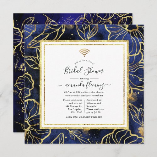 Navy Blue and Gold Abstract Floral Virtual Shower Invitation