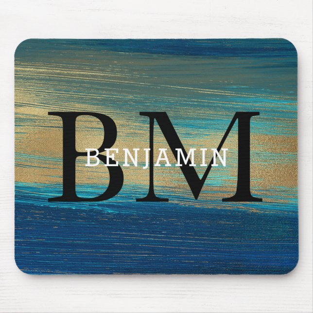 Navy Blue And Gold Abstract  Monogram Men's Mouse Pad (Front)