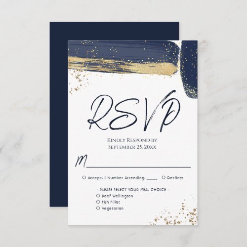 Navy Blue and Gold Abstract Watercolor Wedding RSVP Card