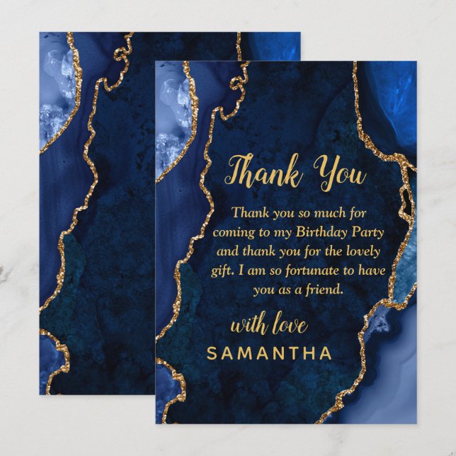 Navy Blue and Gold Agate Birthday Party Thank You Card (Front/Back)