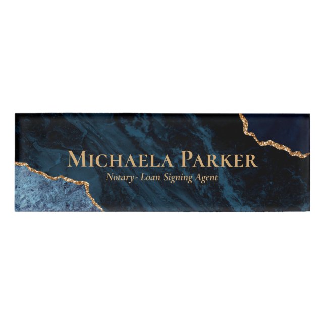 Navy Blue and Gold Agate Geode Name Tag (Front)
