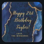 Navy Blue and Gold Agate Happy Birthday Square Sticker<br><div class="desc">This elegant and glamorous sticker can be personalized with a name or title such as mom, daughter, granddaughter, niece, friend etc. The design features a navy blue agate marble background with faux gold glitter accents. The text combines handwritten script and modern sans serif fonts for a classy and sophisticated look....</div>