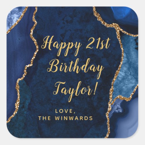 Navy Blue and Gold Agate Happy Birthday Square Sticker