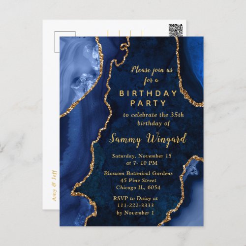 Navy Blue and Gold Agate Marble Birthday Party Postcard