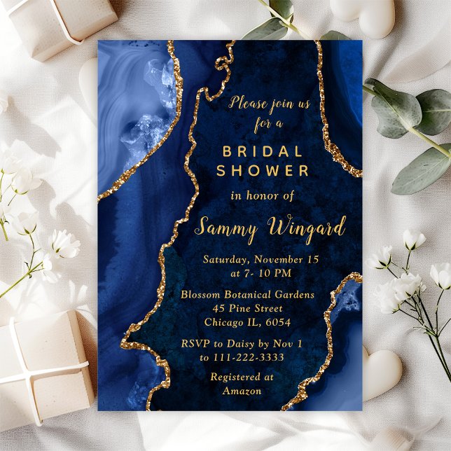 Navy Blue and Gold Agate Marble Bridal Shower Invitation (Creator Uploaded)