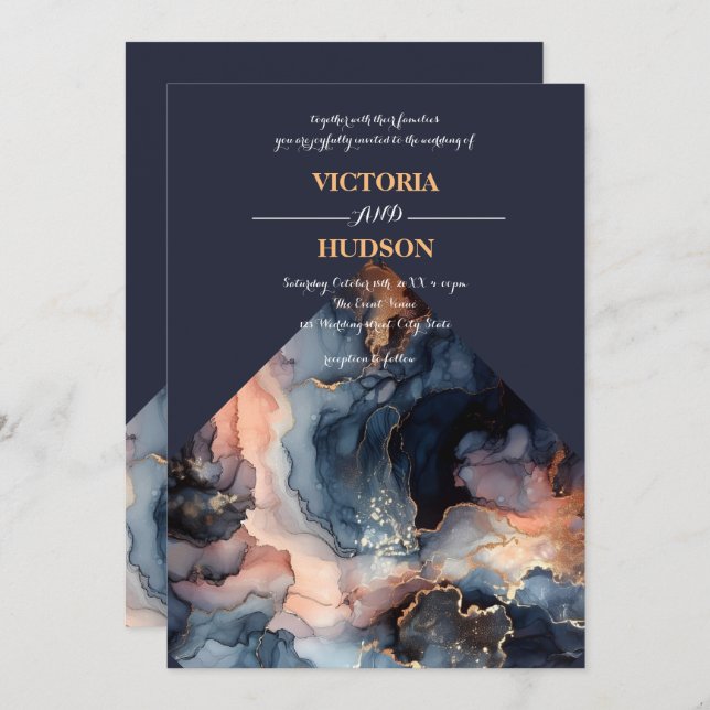 Navy Blue and Gold Agate Marble Invitation (Front/Back)