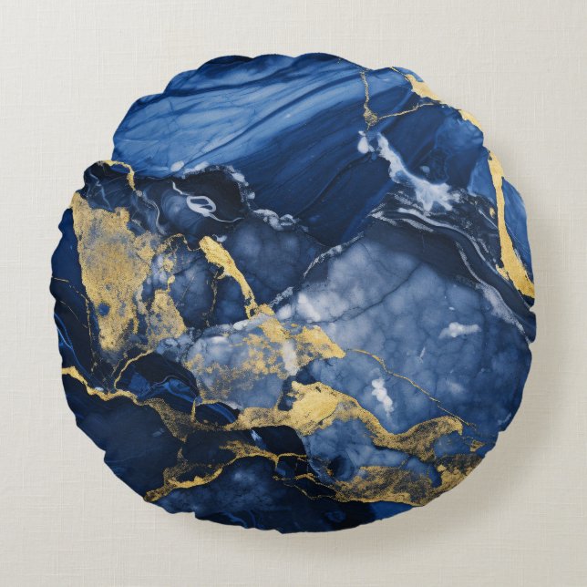 Navy Blue and Gold Agate Marble Round Pillow (Front)