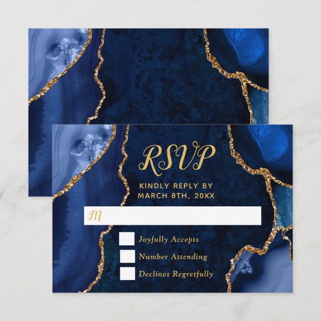 Navy Blue and Gold Agate Marble RSVP Card (Front/Back)