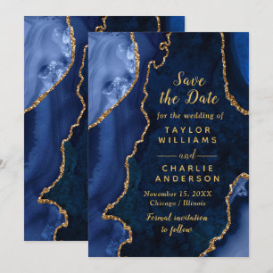 Navy Blue and Gold Agate Marble Save The Date Invitation