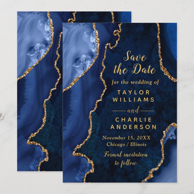 Navy Blue and Gold Agate Marble Save The Date Invitation (Front/Back)