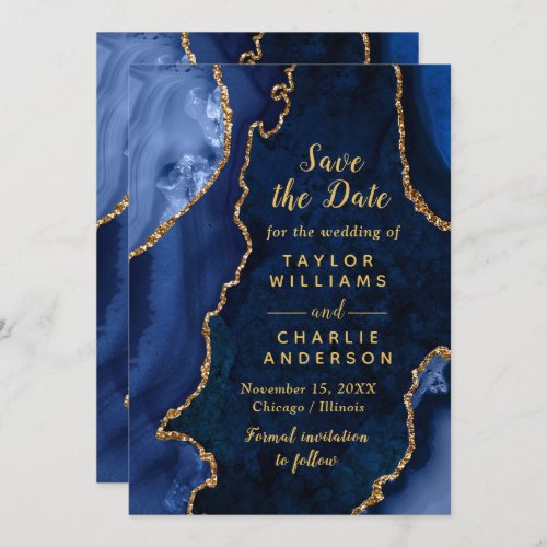 Navy Blue and Gold Agate Marble Save The Date Invitation