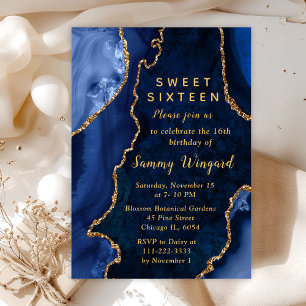 Navy Blue and Gold Agate Marble Sweet Sixteen Invitation