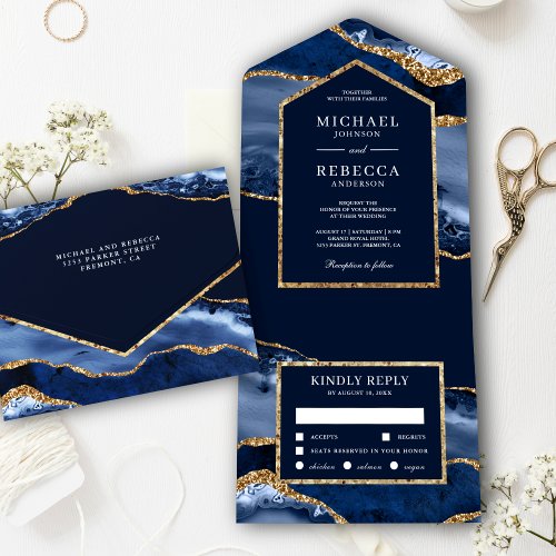 Navy Blue and Gold Agate Marble Wedding All In One Invitation