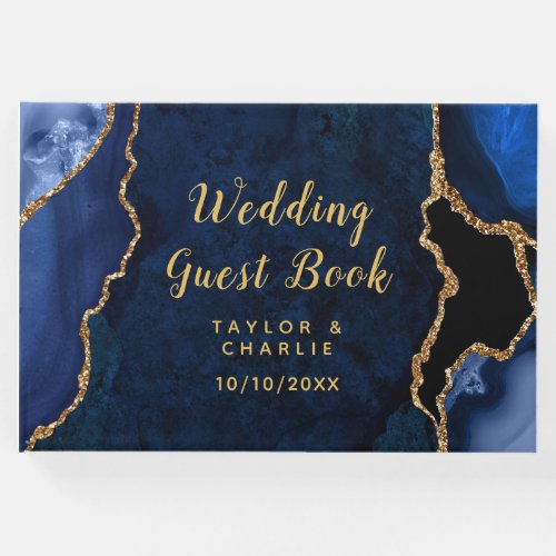 Navy Blue and Gold Agate Marble Wedding Guest Book