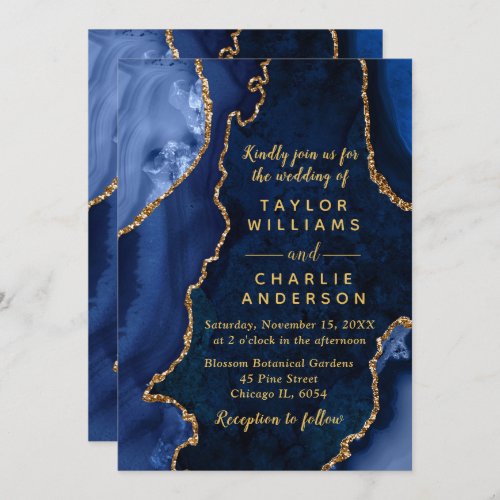 Navy Blue and Gold Agate Marble Wedding Invitation