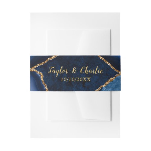 Navy Blue and Gold Agate Marble Wedding Invitation Belly Band