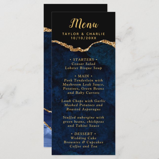 Navy Blue and Gold Agate Marble Wedding Menu (Front/Back)